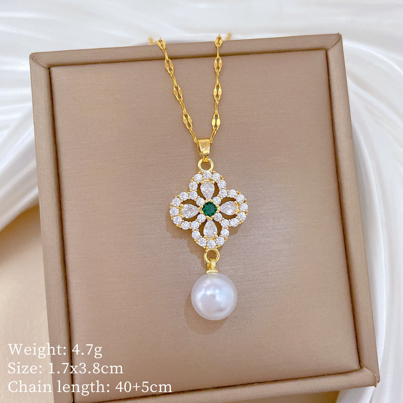 Sweet Luxury Floral Moon Pearl Rhinestone Pendant Titanium Steel Cable Chain Necklace for Unisex