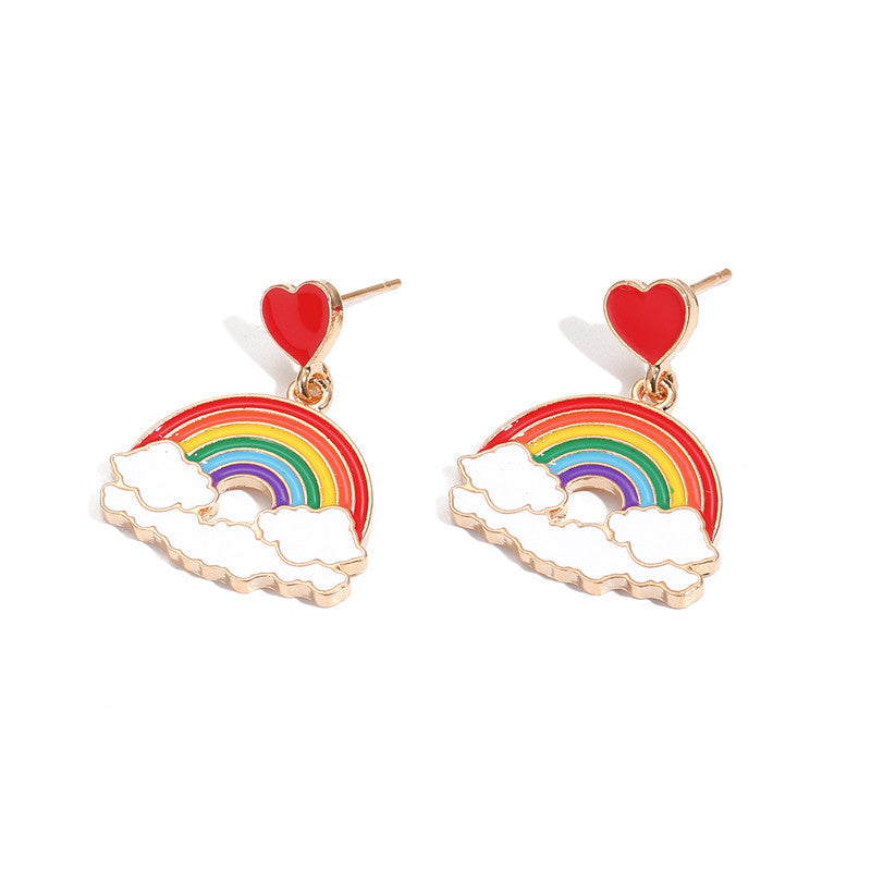 Cartoon Style Heart and Cloud Shape Enamel Alloy Children's Stud Earrings with Rainbow and Love Motifs