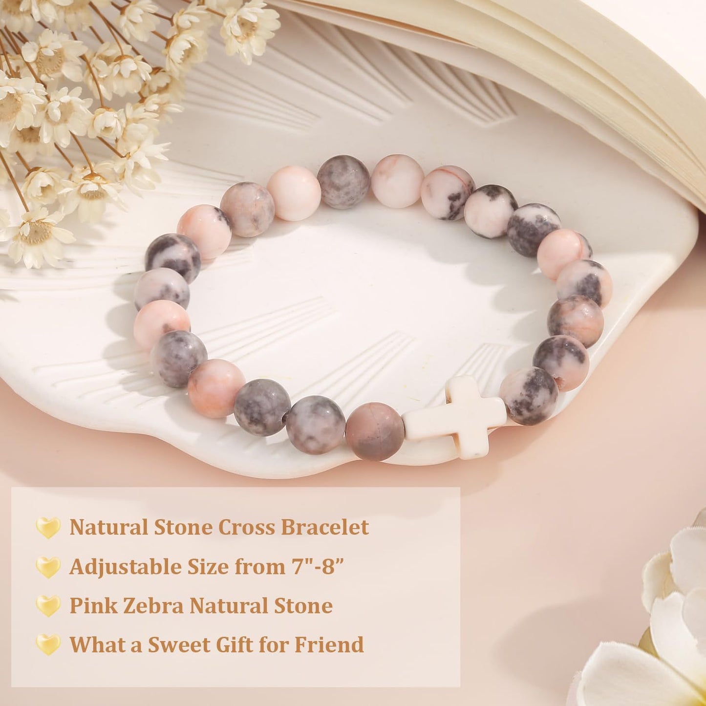 Minimalist Zebra Print Cross Natural Stone Beaded Bracelet Unisex