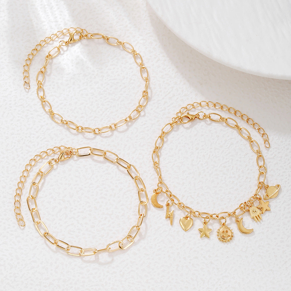 Minimalist Gold Plated Alloy Heart Star Moon Geometric Cuban Link Chain Anklet for Women