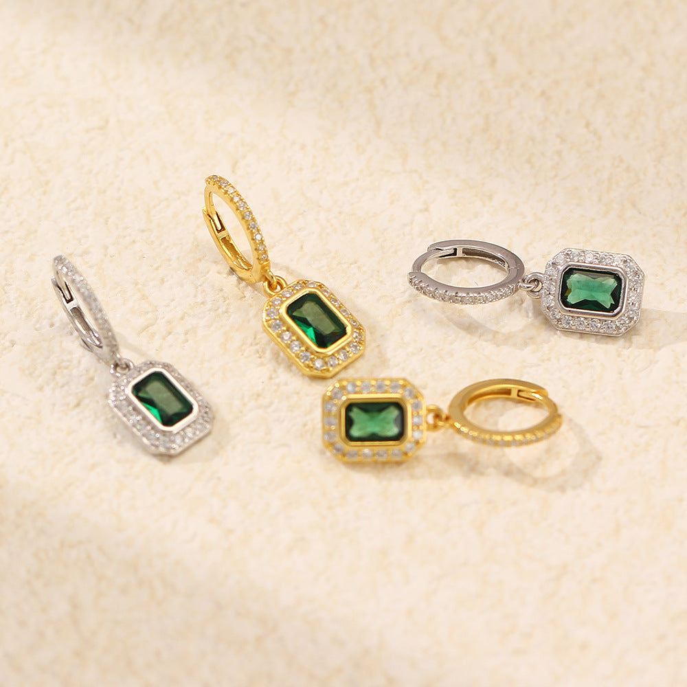 Minimalist Geometric S925 Sterling Silver Stud Earrings with Emerald Green Rhinestones for Women