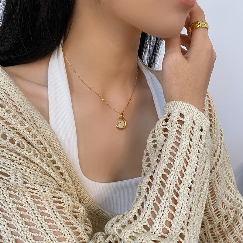 Original Design Rabbit Pendant Necklace for Women in Titanium Steel with Rhinestone Inlay on Wavy Chain, Minimalist Moonlight-Inspired Locket Necklace