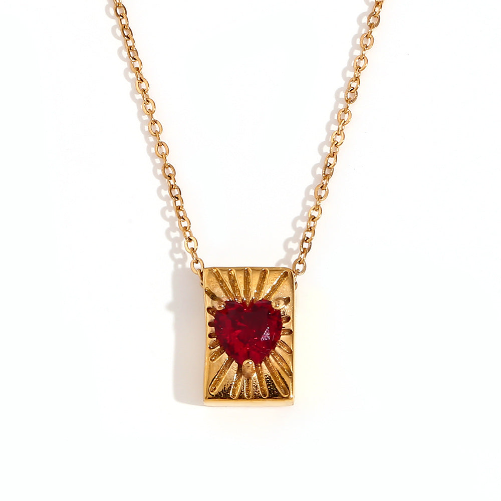 Collana con Ciondolo Quadrato Vintage da Donna in Acciaio Inossidabile con Placcatura in Oro 18K e Ciondolo a Cuore in Zirconia Cubica su Catena Standard