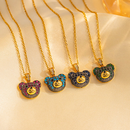 Minimalist 18K Gold Plated Colorful Bear Pendant Necklace with Rhinestones Titanium Steel O-Chain for Women