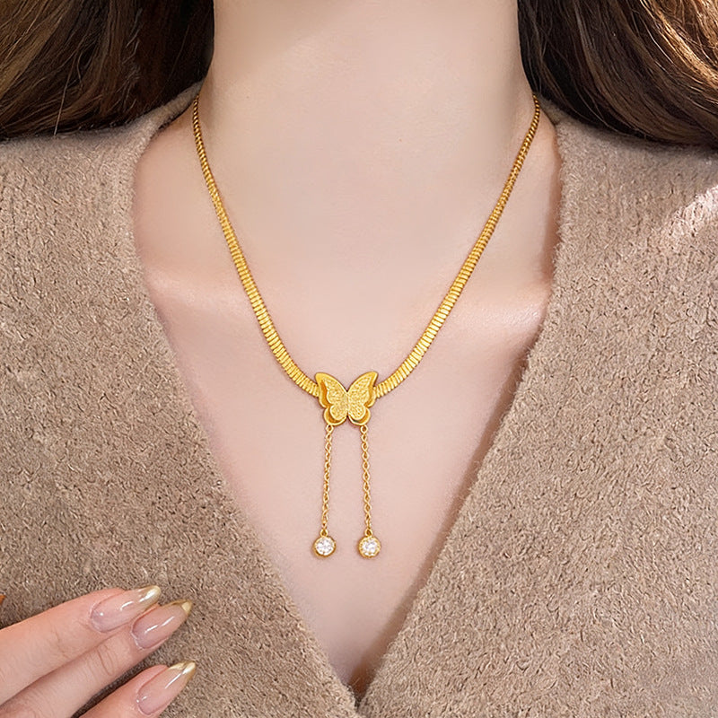 Sweet Streetwear Butterfly Titanium Steel Plated Pendant Necklace with Tassel Snake Chain