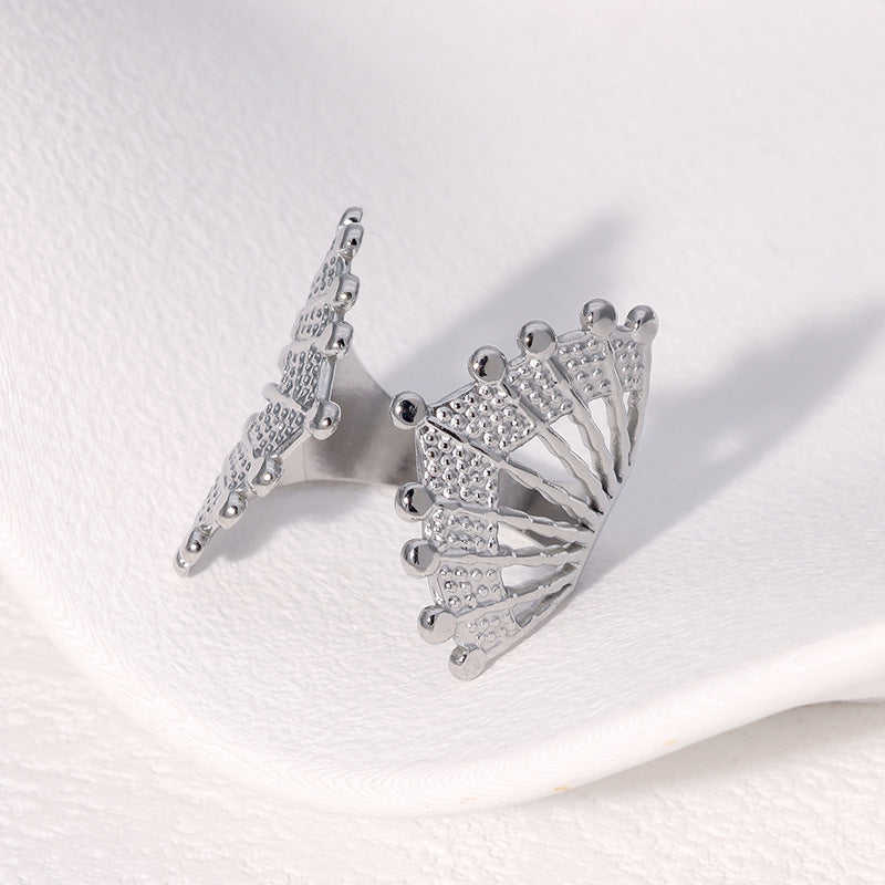 Vintage Geometric Fan-Shaped Hollow Stainless Steel Adjustable Open Ring for Women