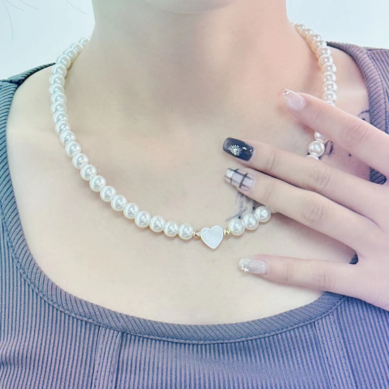 Vintage Sweet Heart Alloy Simulated Pearl Necklace Snake Chain
