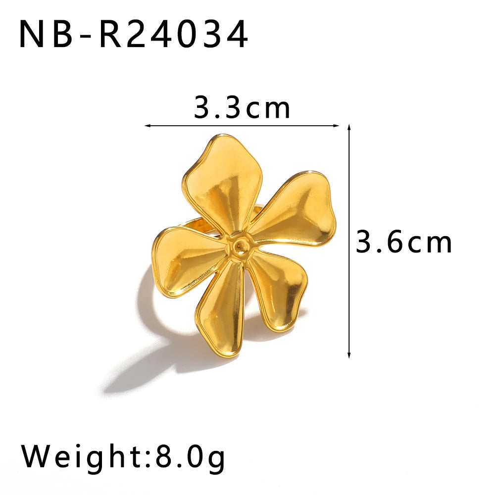 Anello Minimalista Cuore Fiore Farfalla in Acciaio Inossidabile con Intarsio di Perla e Placcatura Sottovuoto in Oro 18K