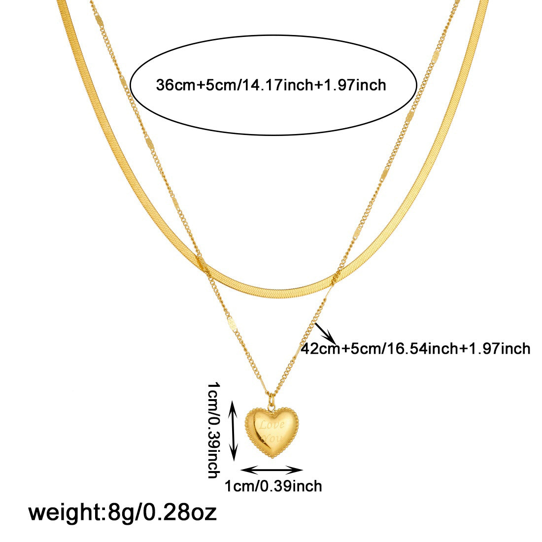Gold Plated Stainless Steel Heart Pendant Double Layer Irregular Chain Necklace for Women