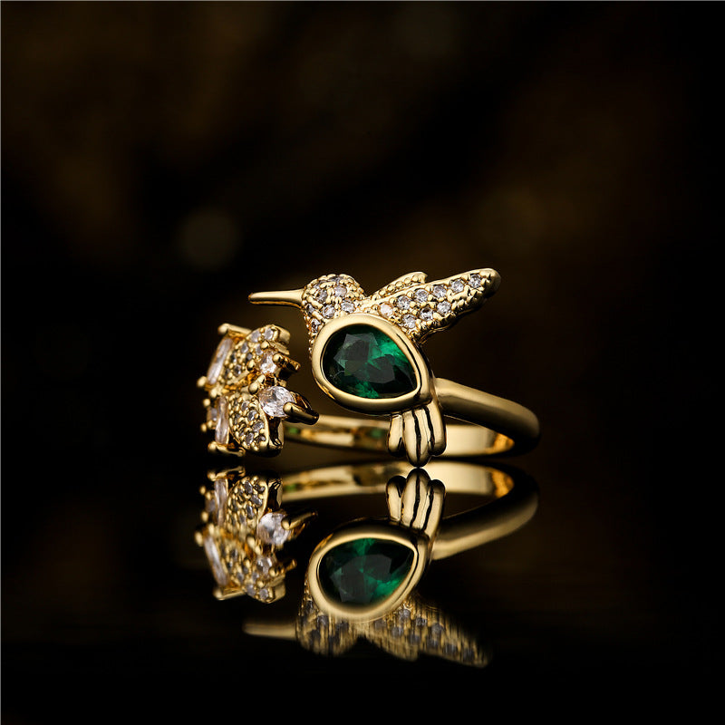 Gold Plated Brass Micro-Inlaid Cubic Zirconia Leaf Geometric Open Ring for Women