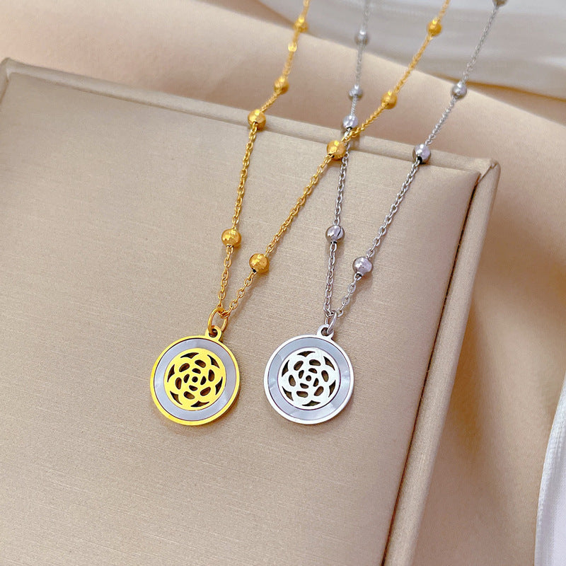 Minimalist Geometric Titanium Steel Necklace with Gold Plating for Women Featuring Camellia and Seashell Design Locket Pendant