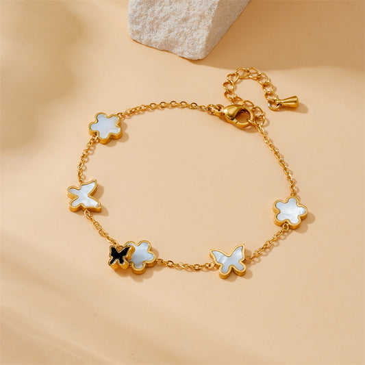 Vintage Elegant Floral Flower Butterfly Stainless Steel Plated Bracelet Earrings Necklace Set