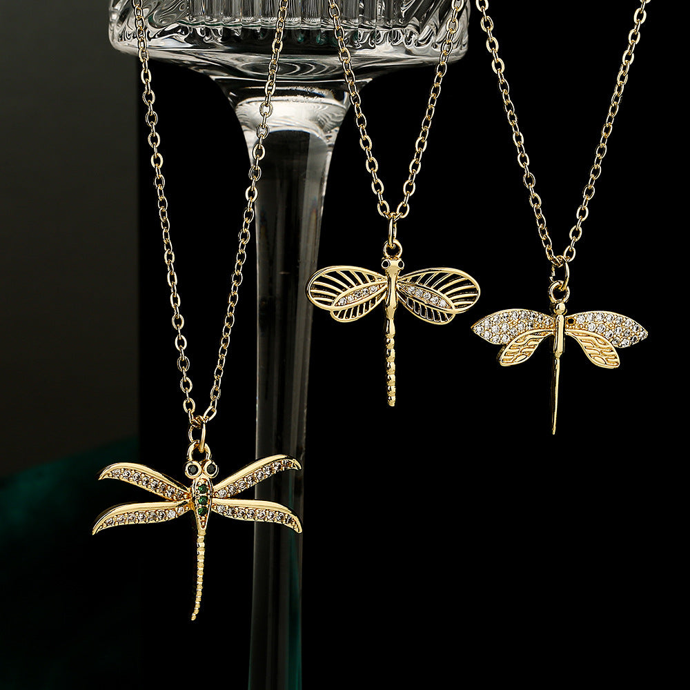 Minimalist Dragonfly Pendant Necklace for Women in Copper with 18K Gold Plating and Zircon Inlay