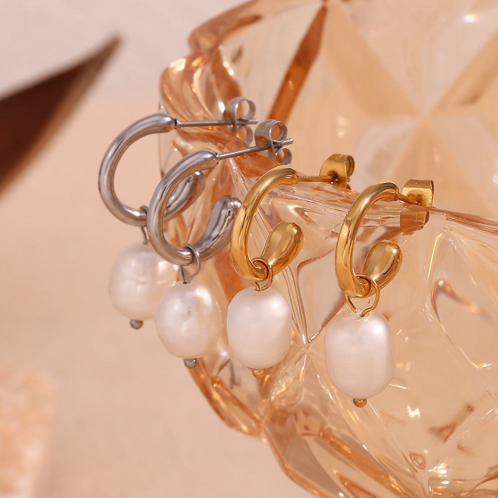 Orecchini da donna geometrici in acciaio inossidabile d'ispirazione vintage con placcatura in oro 18 carati e perle d'acqua dolce