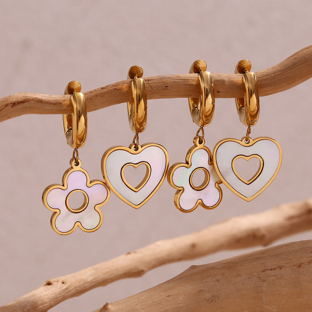 Fashionable Minimalist Heart and Floral Stainless Steel Earrings with 18K Gold Plating Hollow Seashell Pendant and Thick Hoop Design