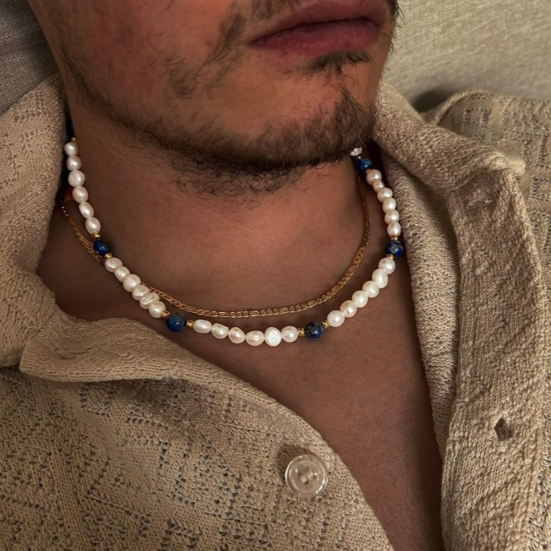 Handmade Geometric Round Imitation Pearl Leather Cord Necklace Unisex Double Layer