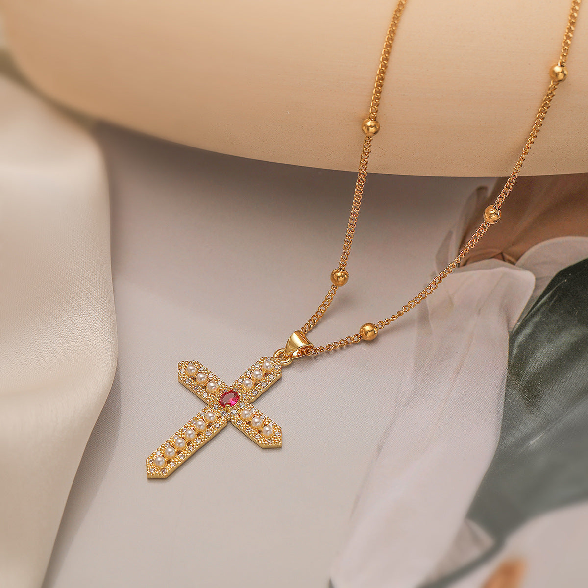 Minimalist Cross Pendant Necklace for Women Made of Copper with Real Gold Plating and Zircon and Pearl Accents
