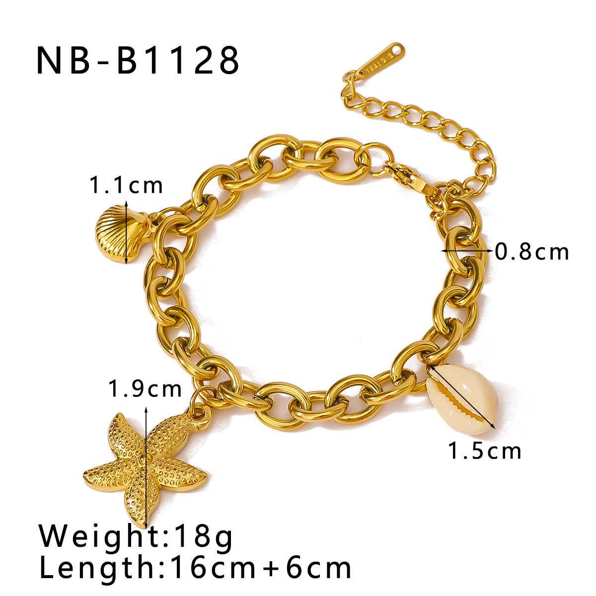 Pulsera geométrica minimalista de acero inoxidable con baño de oro de 18 K para mujer, con dijes de vieira y estrella de mar y detalles de perlas