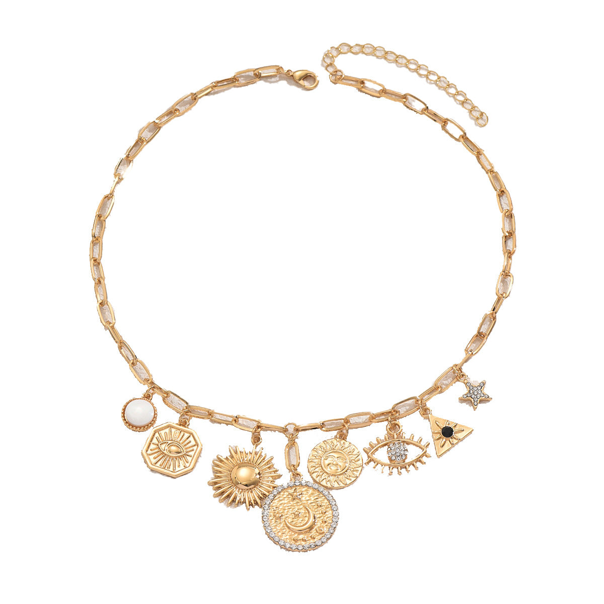 Collar con colgante geométrico de sol y luna creciente con incrustaciones de diamantes de imitación en aleación de zinc para mujer