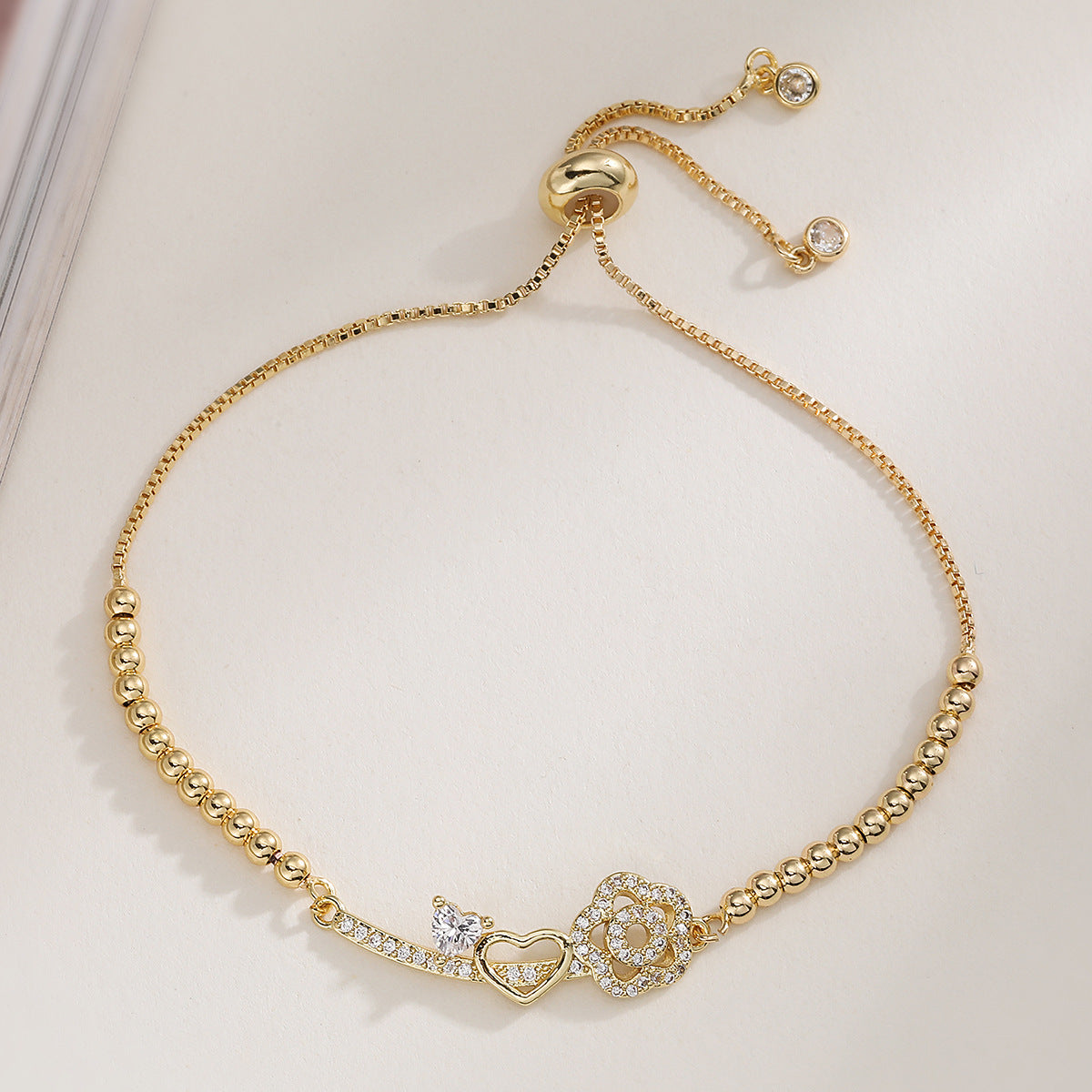 Elegant Minimalist Gold Plated Brass Floral Heart Geometric Bracelet with Cubic Zirconia Inlay for Women