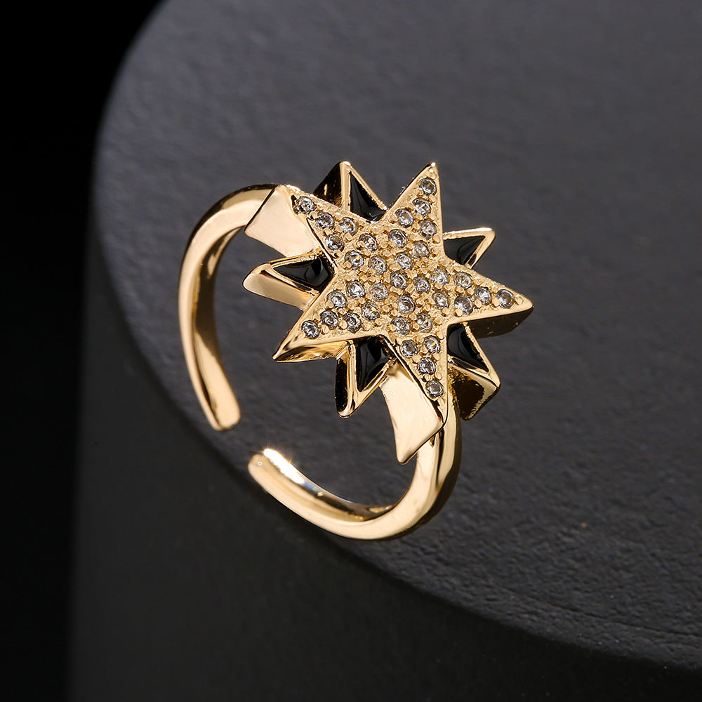 Cartoon Style Geometric Open Star Ring for Women in Copper with 18K Gold Plating and Cubic Zirconia Inlay