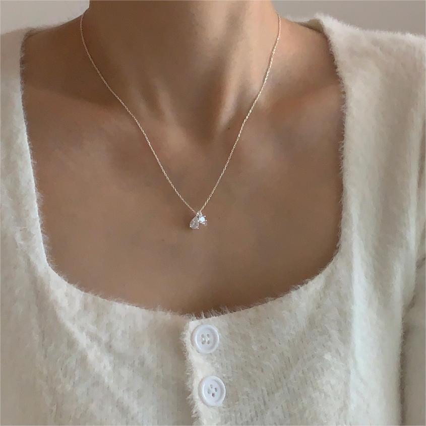 Minimalist Geometric Tulip Pendant Necklace in 925 Sterling Silver with Rhinestone Inlay on Snake Chain