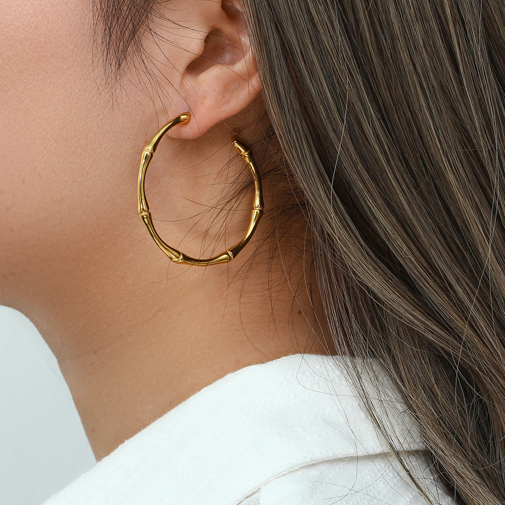 Fashion OL Geometric Bamboo Segment Open Hoop Earrings 18K Gold Plated Stainless Steel for Women