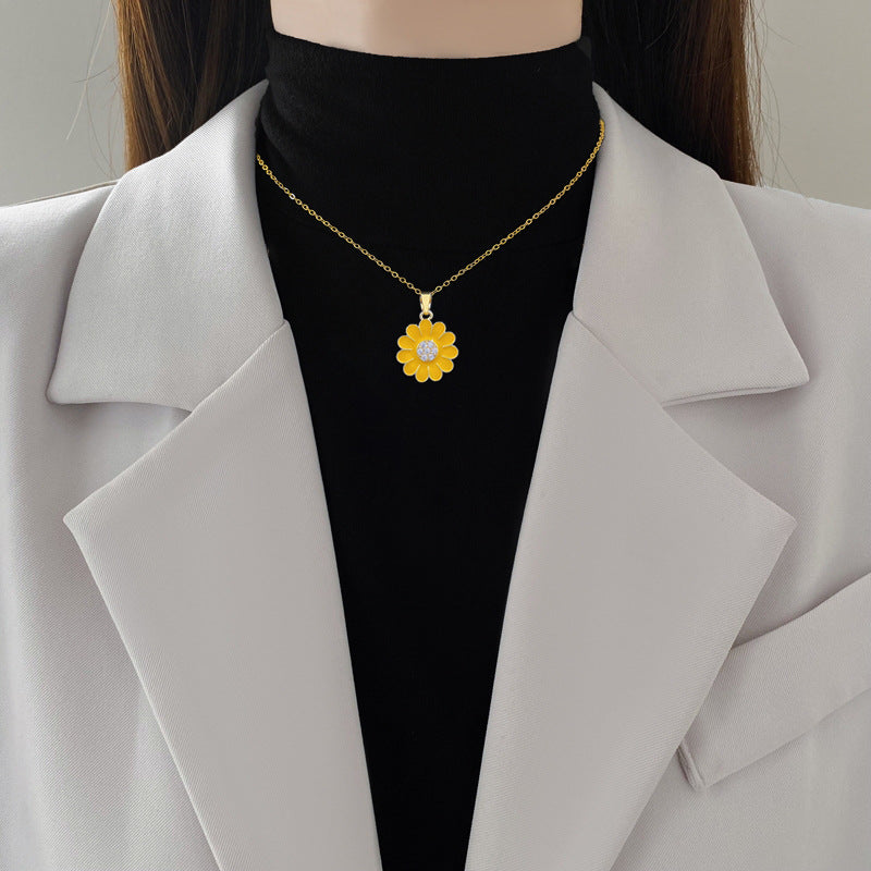 Sweet Elegant Drip Oil Plant Rhinestone Titanium Steel Necklace Set for Unisex
