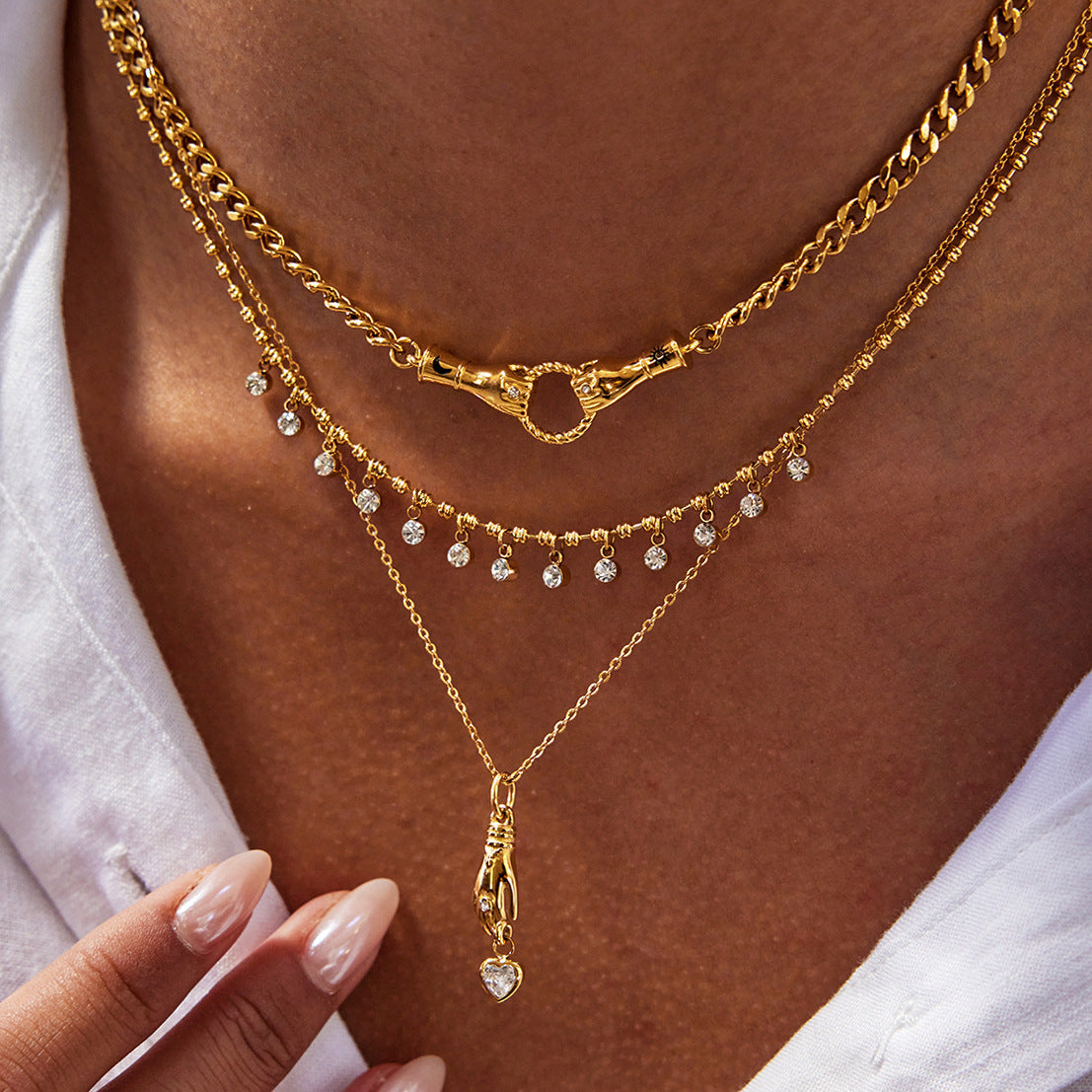 Collana con Ciondolo Geometrico Minimalista in Acciaio al Titanio da Donna con Intarsio di Zirconi e Placcatura in Oro PVD, Catena in Acciaio Inossidabile