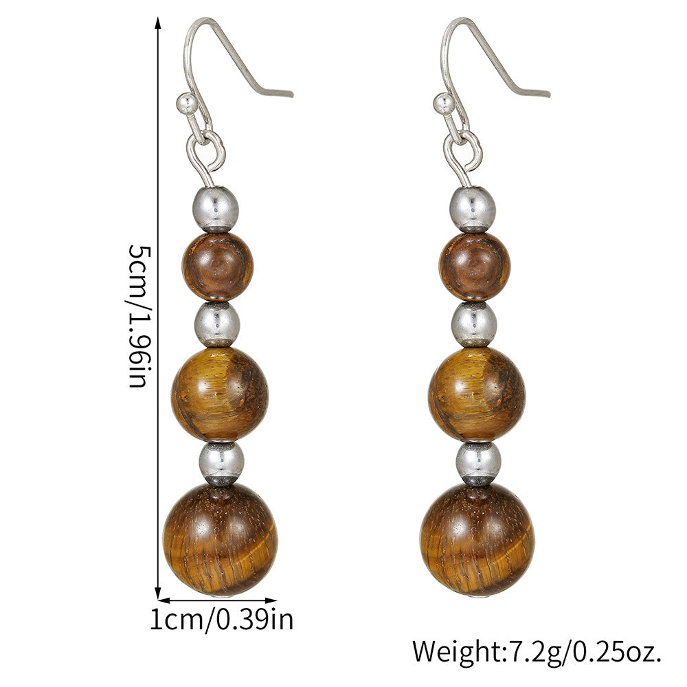 Vintage Geometric Round Tiger Eye Tassel Hook Earrings for Women
