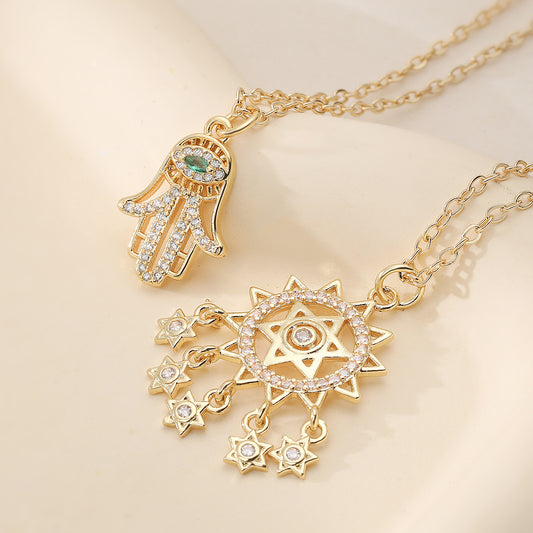 Minimalist 18K Gold Plated Brass Geometric Dreamcatcher Pendant Necklace with Cubic Zirconia for Women