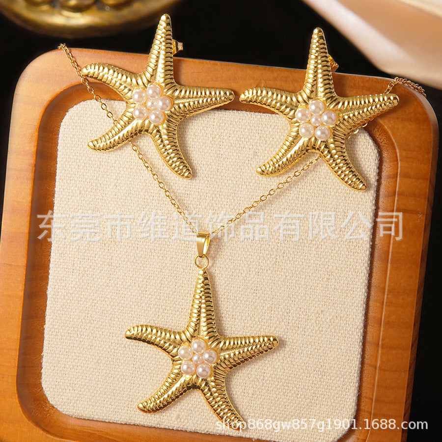Set collana e orecchini a stella marina con fiocco conchiglia smaltato in acciaio inossidabile e titanio con catena a cavo per donna