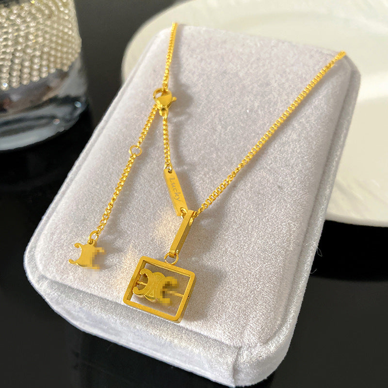 Vintage Geometric Square Hollow Titanium Steel Plated Pendant Necklace with Tassel for Unisex