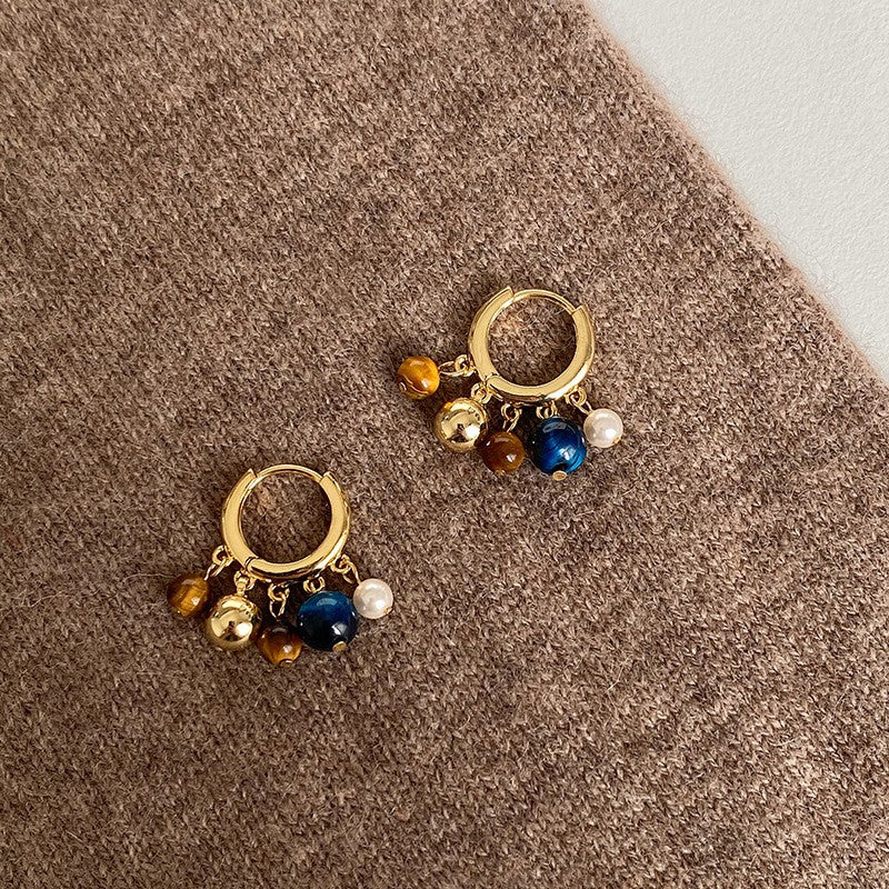 Pendientes de tuerca ovalados de ojo de tigre estilo Maillard vintage con postes de plata 925 bañados en oro de 18 quilates