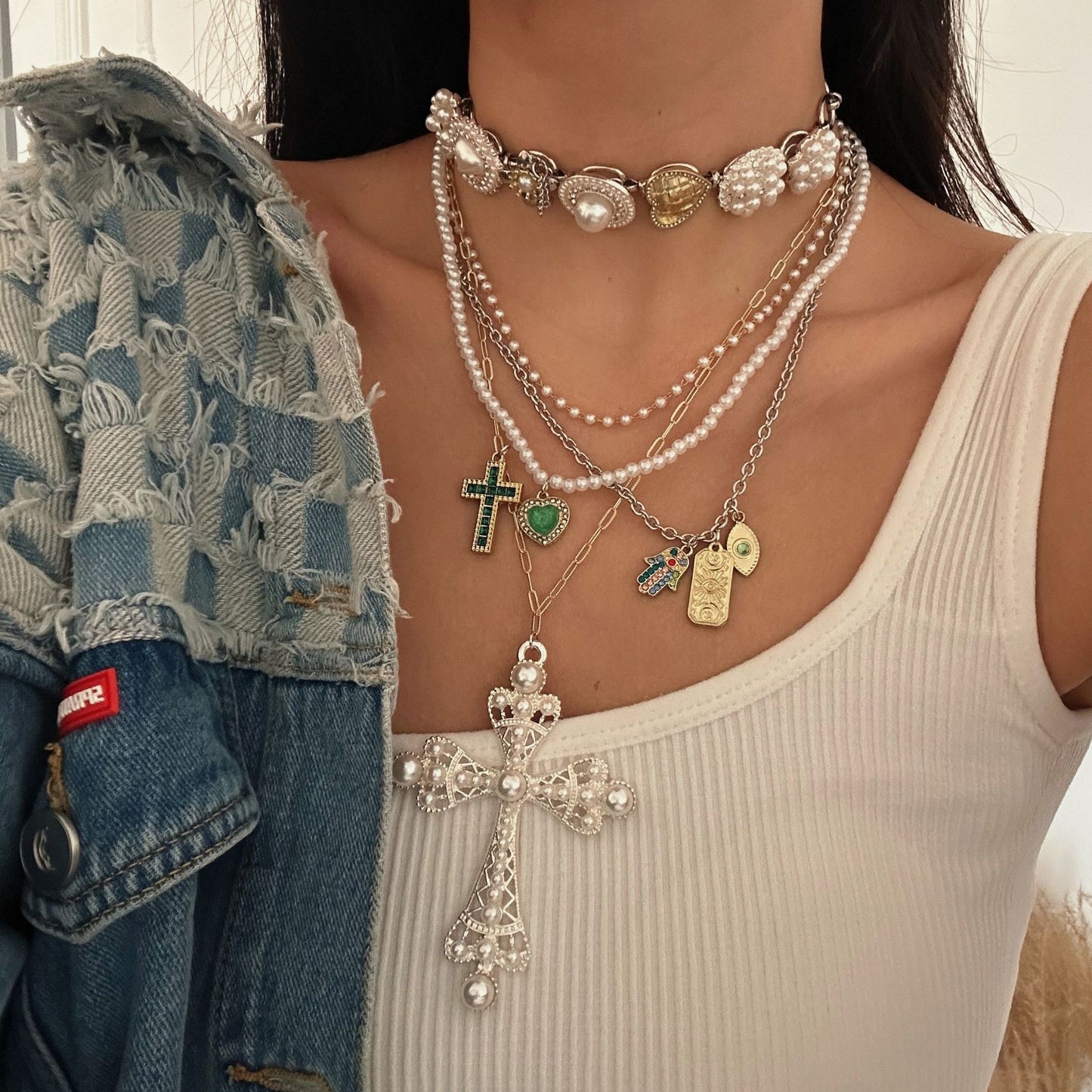 Collana multistrato da donna vintage dolce di lusso con cuore geometrico placcata in lega