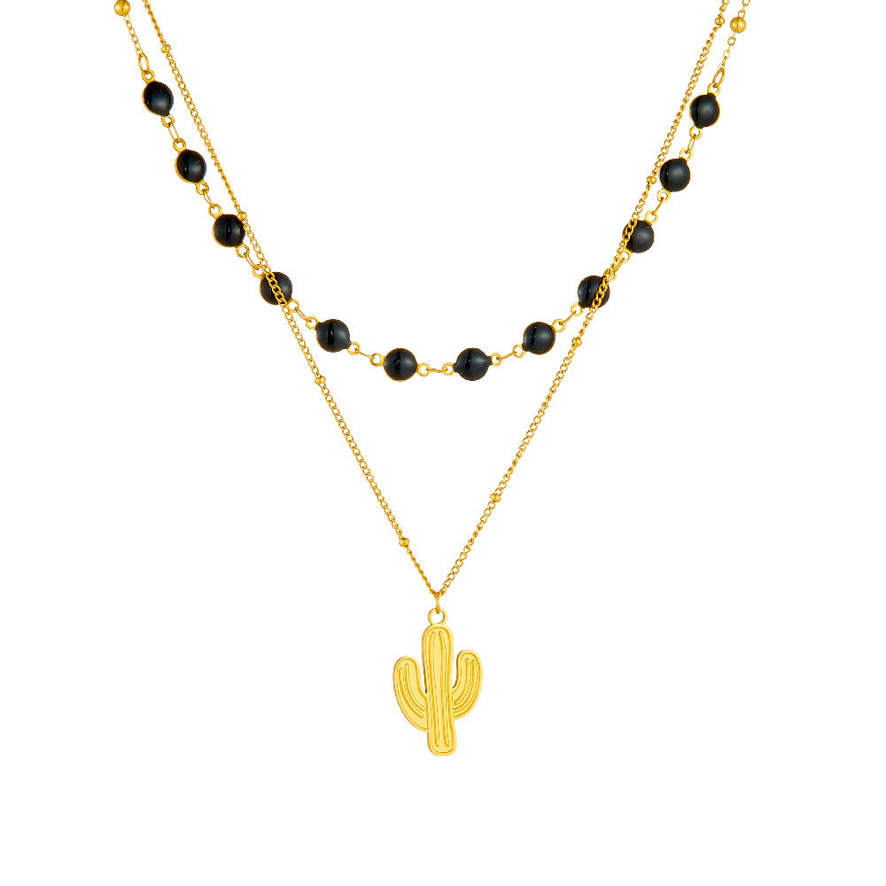 Fashion Black Drip Oil Heart Moon Round Stainless Steel Plated Double Layer Necklace for Women