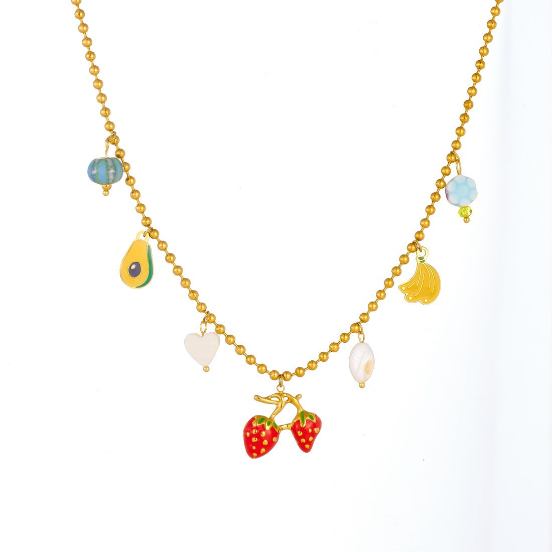 Cartoon Drip Oil Fruit Pendant Stainless Steel Necklace Ball Chain Strawberry Banana Avocado