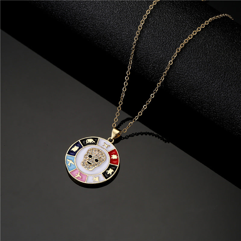 Streetwear Gold Plated Brass Drip Oil Round Star Skull Pendant Necklace with Cable Chain