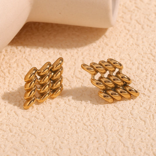 Minimalist Geometric Stainless Steel Earrings with 18K Gold Plating, Hollow Diamond-Shaped Studs for Women