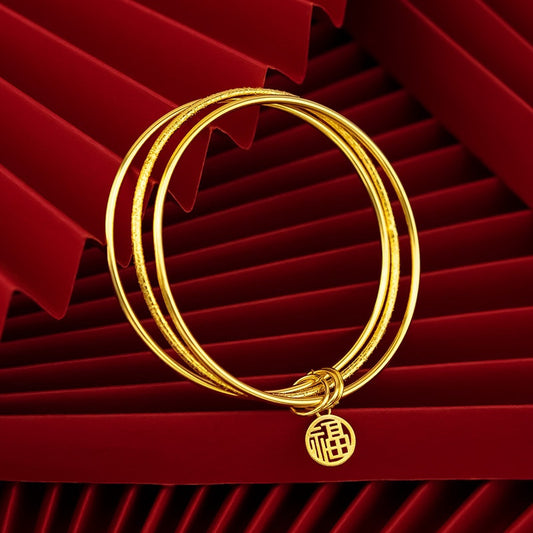 Bracciale da Donna con Campana a Tre Anelli con Carattere di Fortuna, in Lega di Rame Placcata Oro 18K, Design Originale