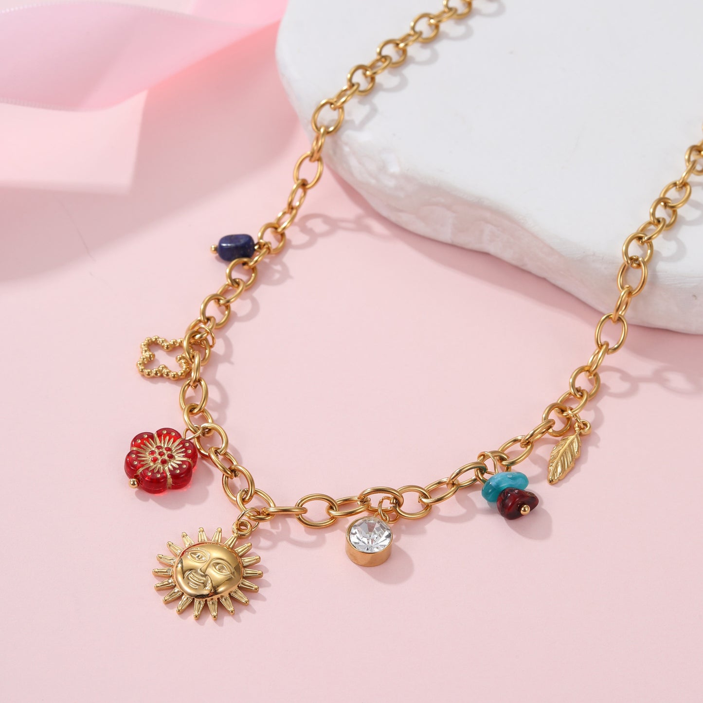 Fashionable Floral and Geometric Sun Pendant Necklace in Stainless Steel with 18K Gold Plating for Women