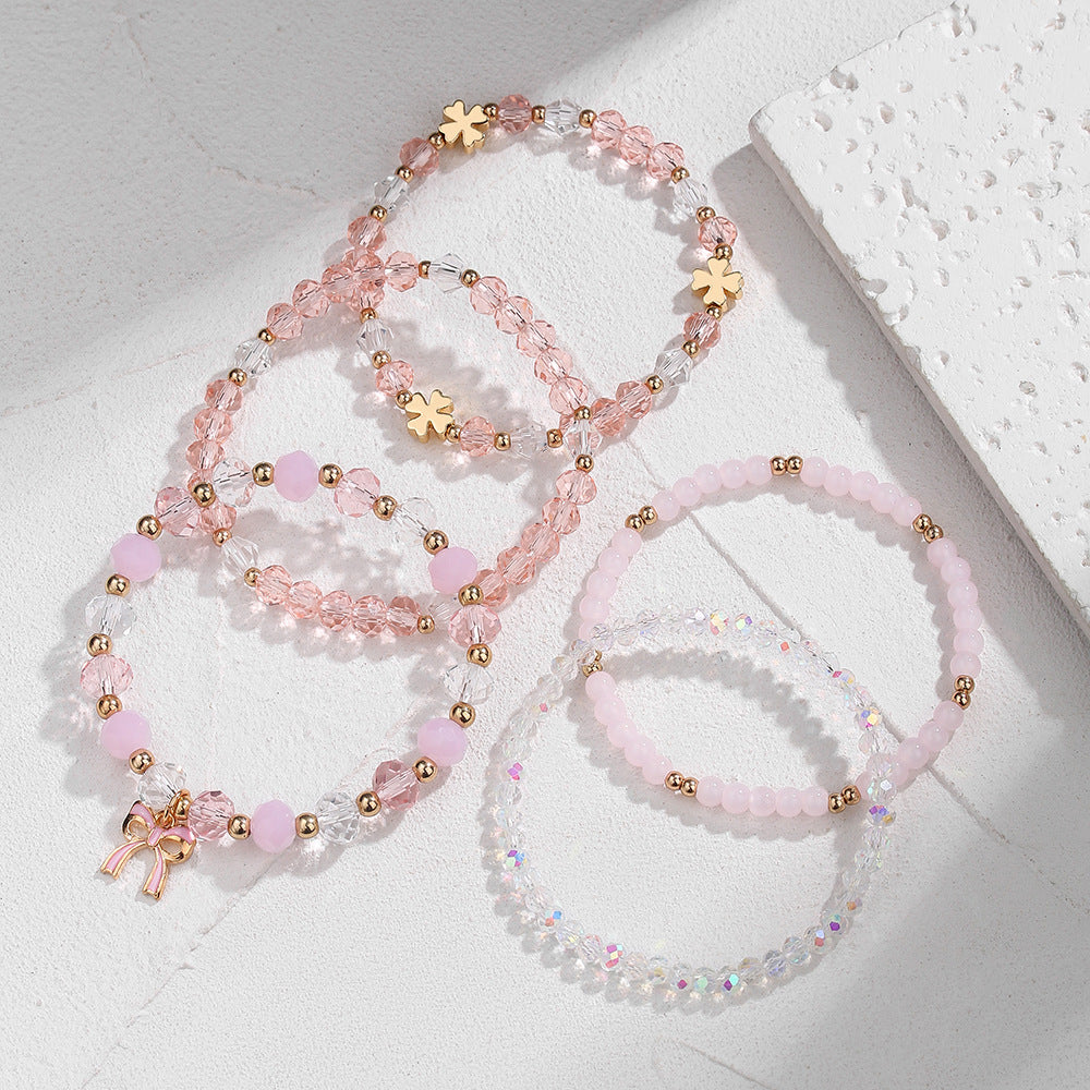 Sweet Pink Crystal Acrylic Bow Bracelet Handmade Beaded Stretch Jewelry for Women
