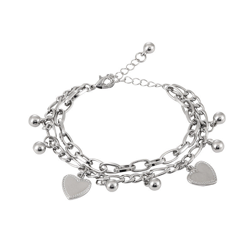 Sweet Minimalist Heart-Shaped Double-Layer Stainless Steel Bracelet with Plated Finish for Women
