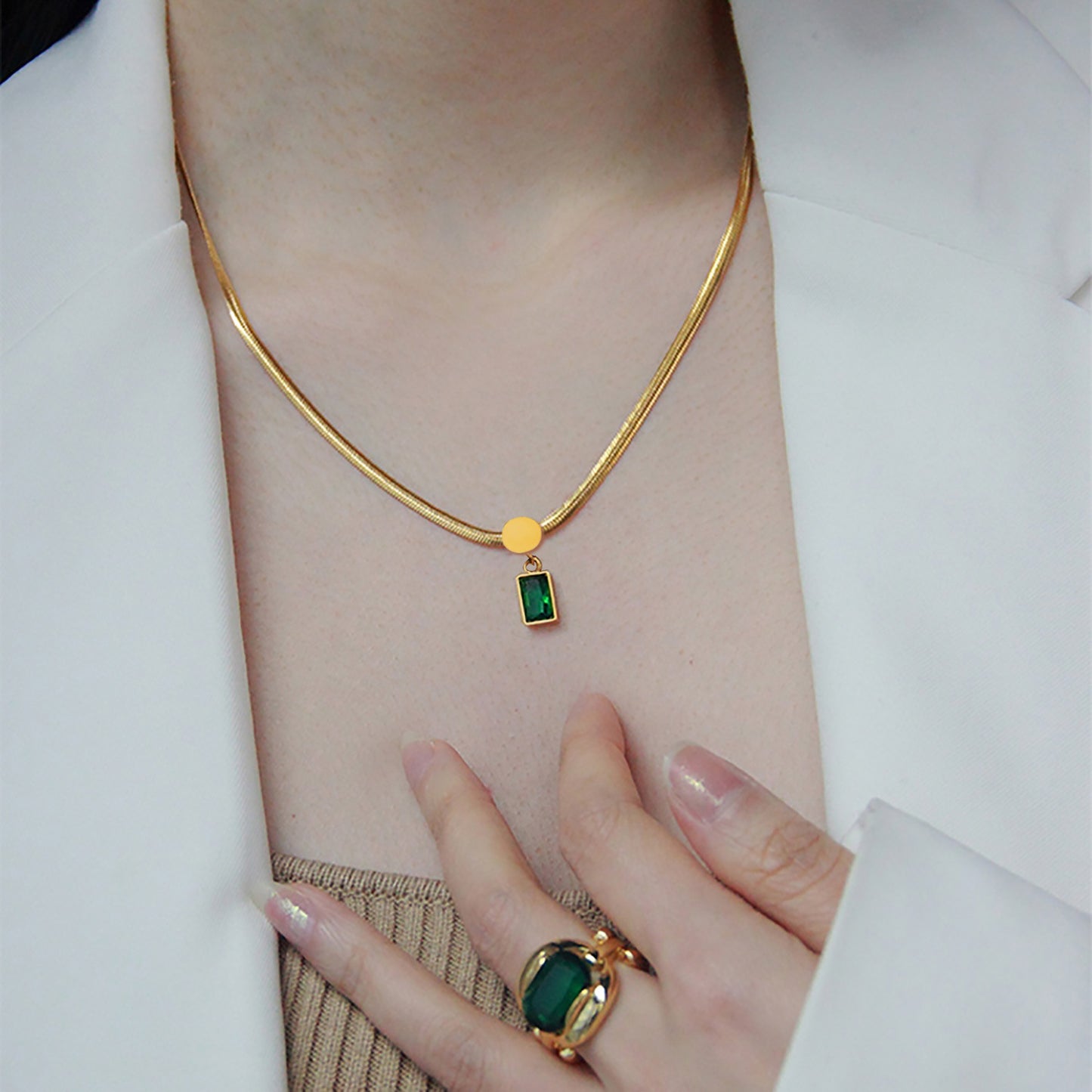 Collar de Acero Inoxidable Chapado en Oro de 18K Vintage, Colgante Geométrico de Circonia Cuadrada Verde, Cadena de Serpiente para Mujer