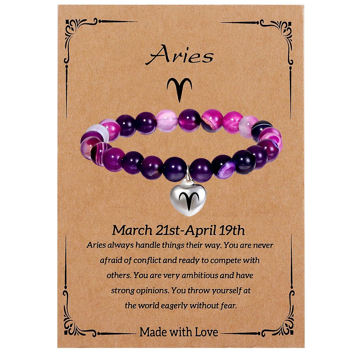 Elegant Heart Shape Agate Beaded Charm Bar for Women Zodiac Natural Stone Birthday Gift