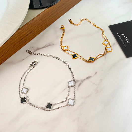 Gold Plated Titanium Steel Micro-inlay Shell Four-leaf Clover Double Layer Bracelet