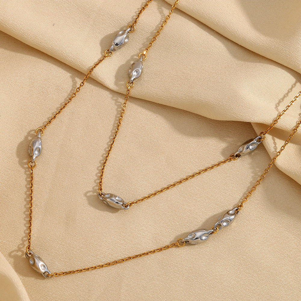Collana con Pendente Geometrico alla Moda da Donna in Acciaio Inossidabile con Placcatura in Oro 18K, Catena a Doppio Strato con Perline