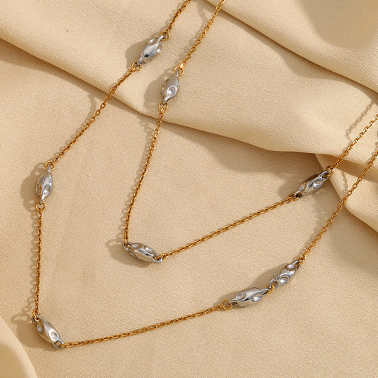 Fashionable Geometric Pendant Necklace for Women Stainless Steel with 18K Gold Plating Dual-Layer Beaded Chain