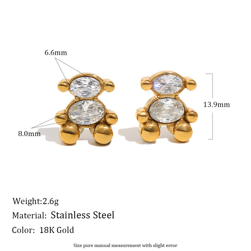 Casual 18K Gold Plated Stainless Steel Bear Cubic Zirconia Pendant Necklace for Women
