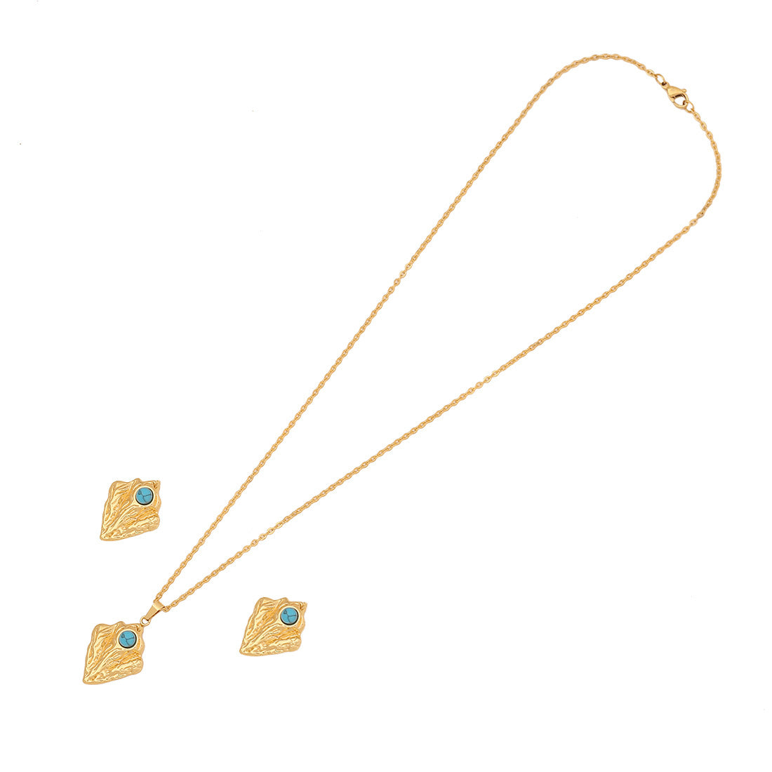 Vintage Geometric Irregular Pendant Necklace Set with Turquoise Accents Stainless Steel Heart Charm and O-Chain